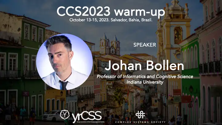 Announcement banner for Johan Bollen's participation as a speaker to the warm-up