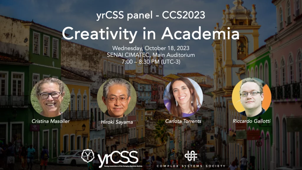 Panel about creativity in academia, featuring Cristina Masoller, Hiroki Sayama, Carlota Torrents and Ricardo Gallotti
